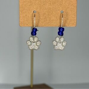 Silver Sparkle Paw Earrings with blue beads